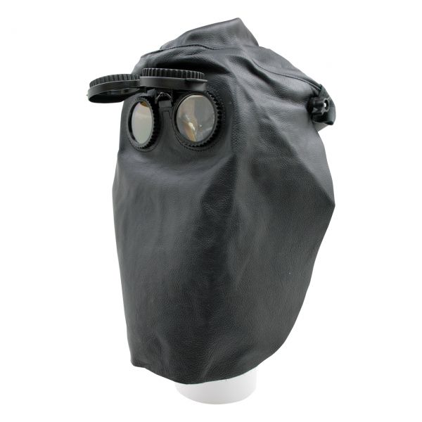 Lederkopfhaube mit Kopfband und Klappbrille, ohne Nase, hinten geschlossen