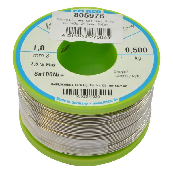 Elektro Lötdraht, Sn100Ni+, Sn99,3CuNiGe, ISO-Core-CLEAR, Ø 1,0 mm