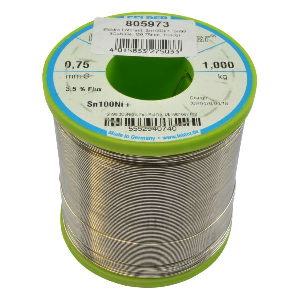 Elektro Lötdraht, Sn100Ni+, Sn99,3CuNiGe, ISO-Core-CLEAR, Ø 0,75 mm