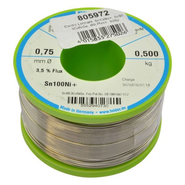 Elektro Lötdraht, Sn100Ni+, Sn99,3CuNiGe, ISO-Core-CLEAR, Ø 0,75 mm