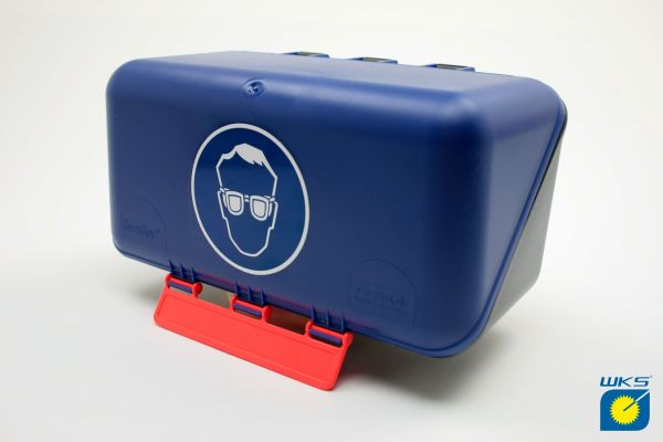 SecuBox® Mini für Brillen, blau/schwarz mit Aufdruck, für Wandmontage