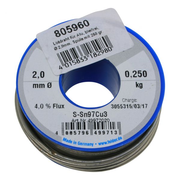 Lötdraht für Alu, bleifrei, Spule mit 250 g, Ø 2,0 mm